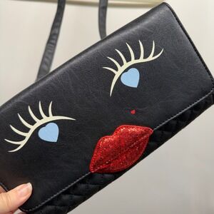 Betsey Johnson Black Faux Leather Quilted Face Clutch Crossbody Chain Bag Bling